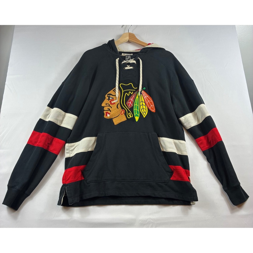 CCM Chicago Blackhawks Lace Up Hoodie Mens Medium Black NHL Vintage Apparel